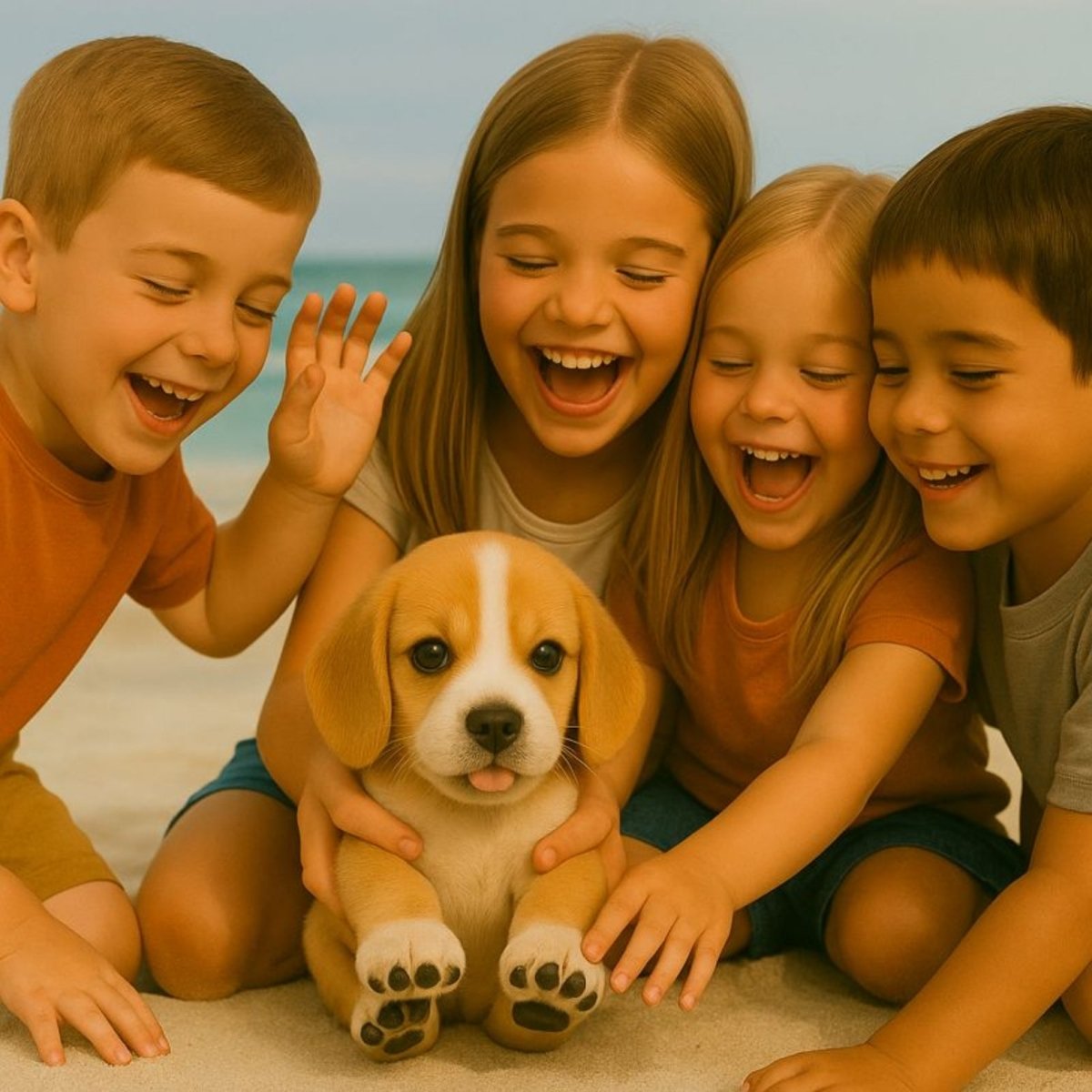 Group of four happy children playing with an interactive beagle puppy toy on the beach, demonstrating social play and durability.