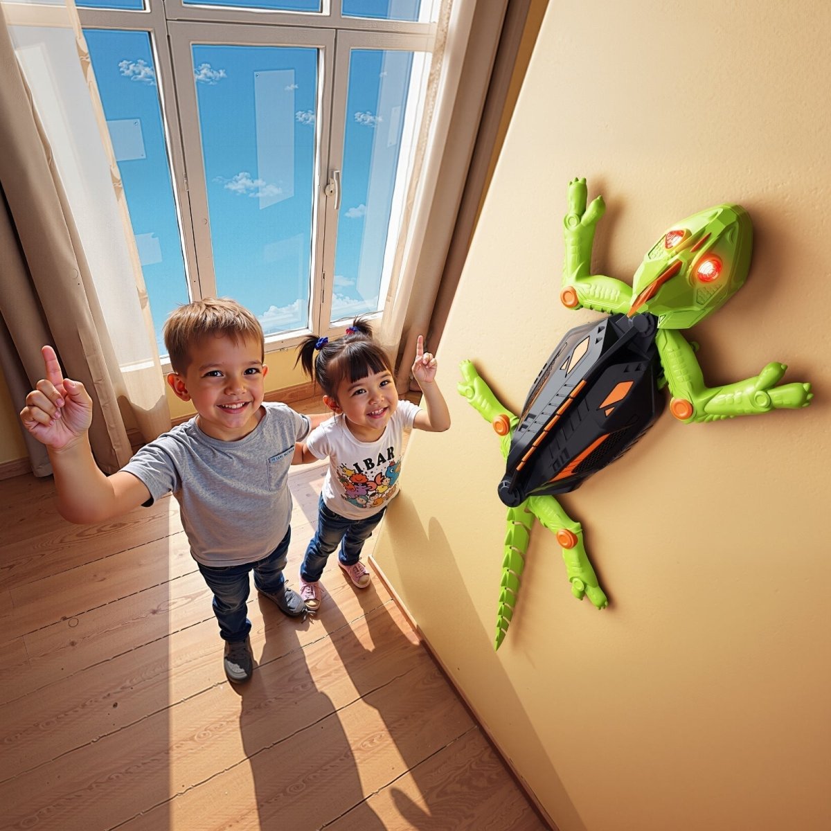 Two young children sitting on an orange couch point in delight at the green Kouvr RC chameleon climbing a white wall above them.