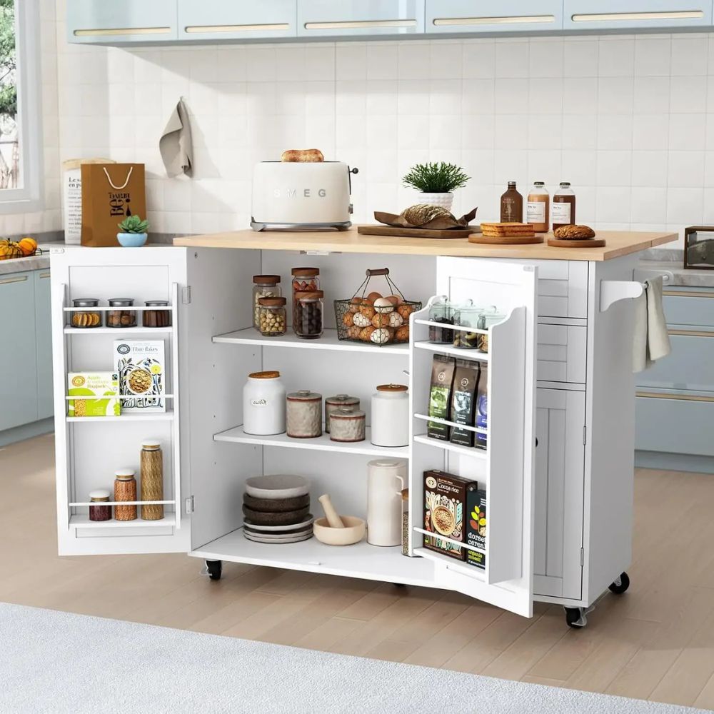 'butcher block top', 'drop leaf breakfast bar', 'kitchen storage cabinet', 'farmhouse kitchen trolley', and 'coffee bar station'