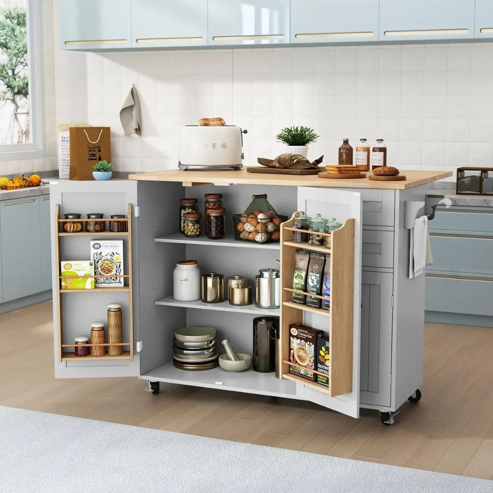 'butcher block top', 'drop leaf breakfast bar', 'kitchen storage cabinet', 'farmhouse kitchen trolley', and 'coffee bar station'