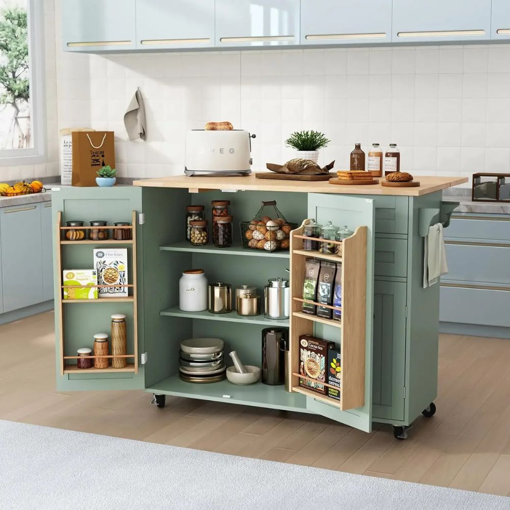 'butcher block top', 'drop leaf breakfast bar', 'kitchen storage cabinet', 'farmhouse kitchen trolley', and 'coffee bar station'