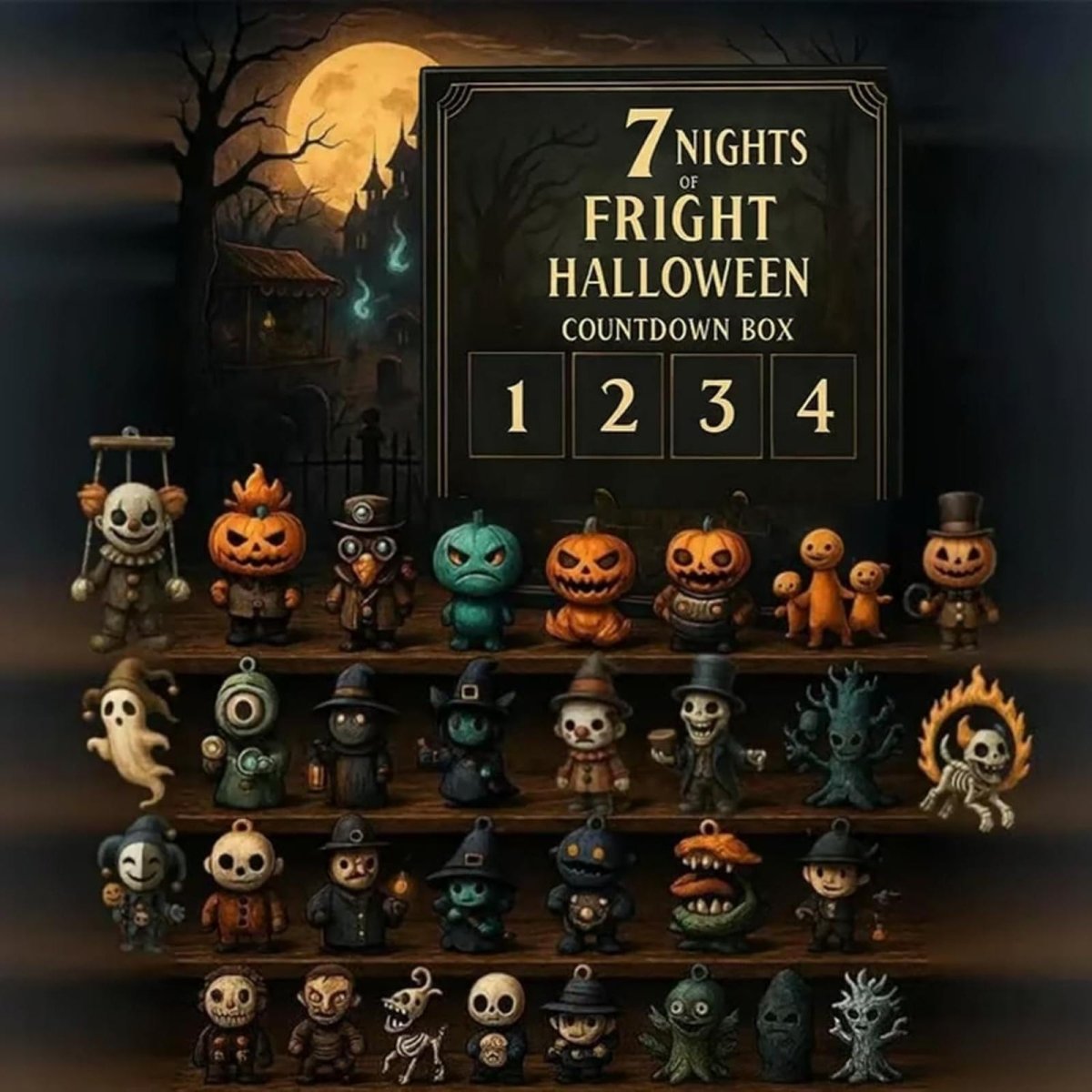 Kouvr 7 Nights of Fright Halloween Advent Calendar box shown behind two shelves displaying all 31 unique spooky toy figurines like ghosts, pumpkins, and skeletons.