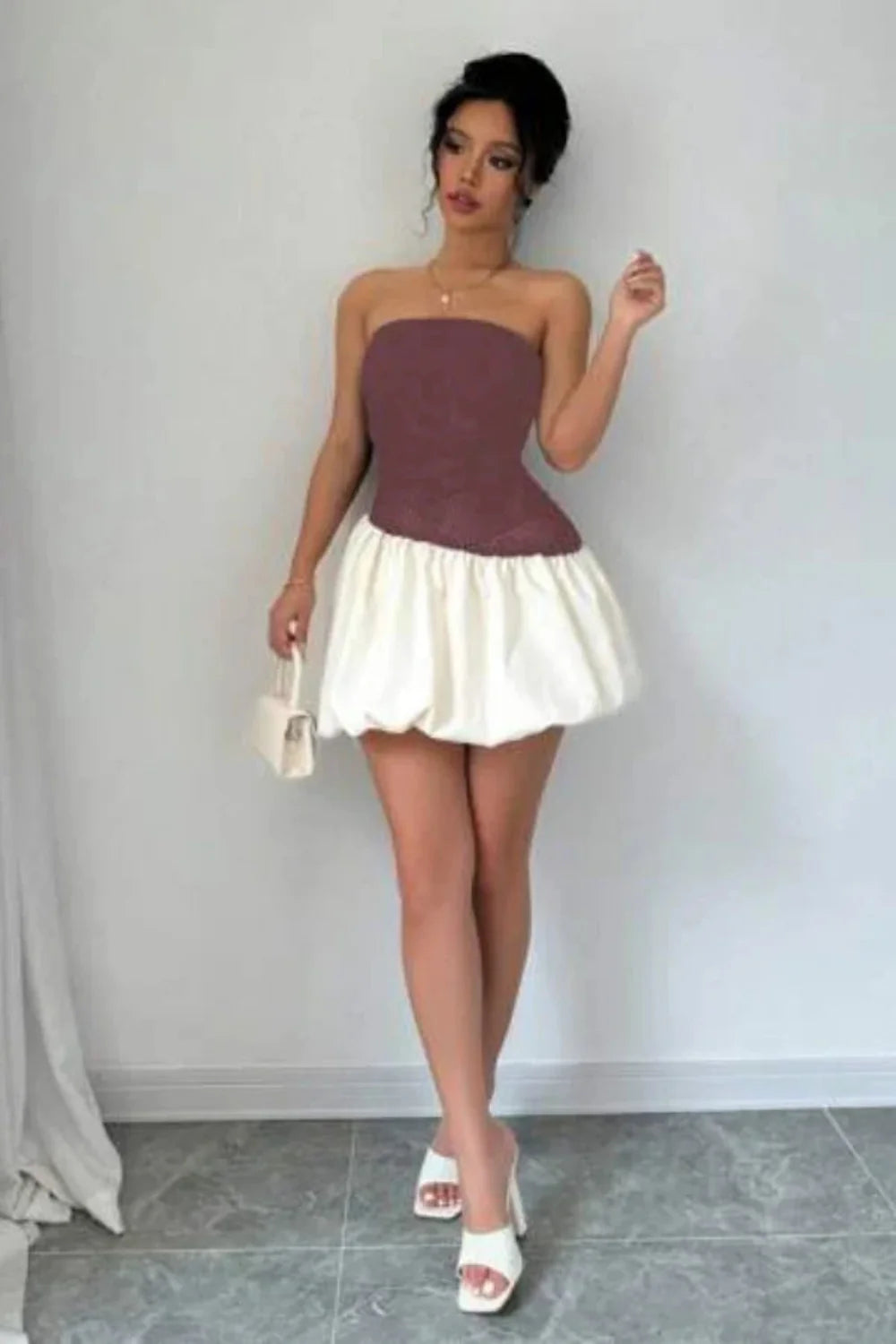 sculptural silhouette, voluminous skirt, balletcore aesthetic, fit and flare,bandeau top dress, avant-garde design