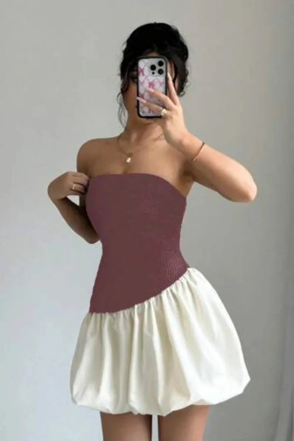 sculptural silhouette, voluminous skirt, balletcore aesthetic, fit and flare,bandeau top dress, avant-garde design