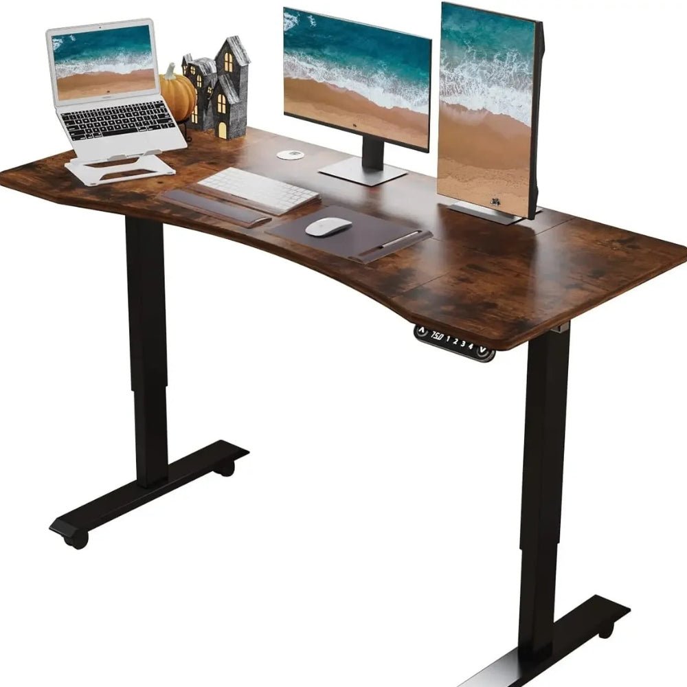 Kouvr Wooden desk with computer setup on a white background