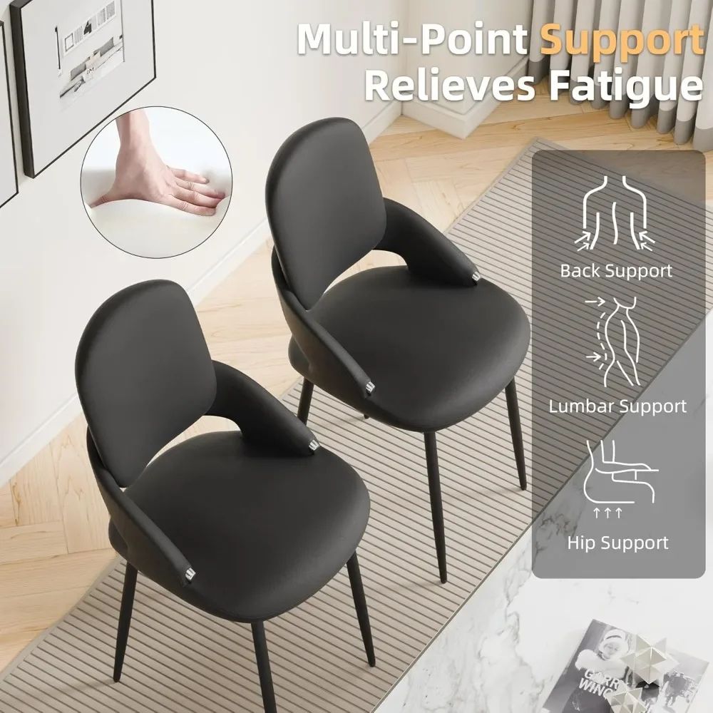 Two black kouvr chairs with text highlighting multi-point support features in a room setting.