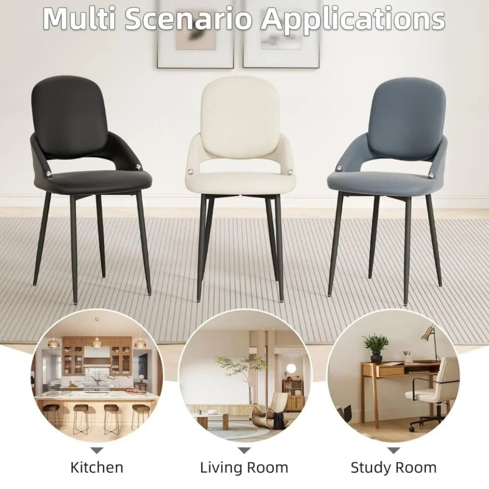 Three chairs in black, white, and gray kouvr with scenarios for kitchen, living room, and study room.