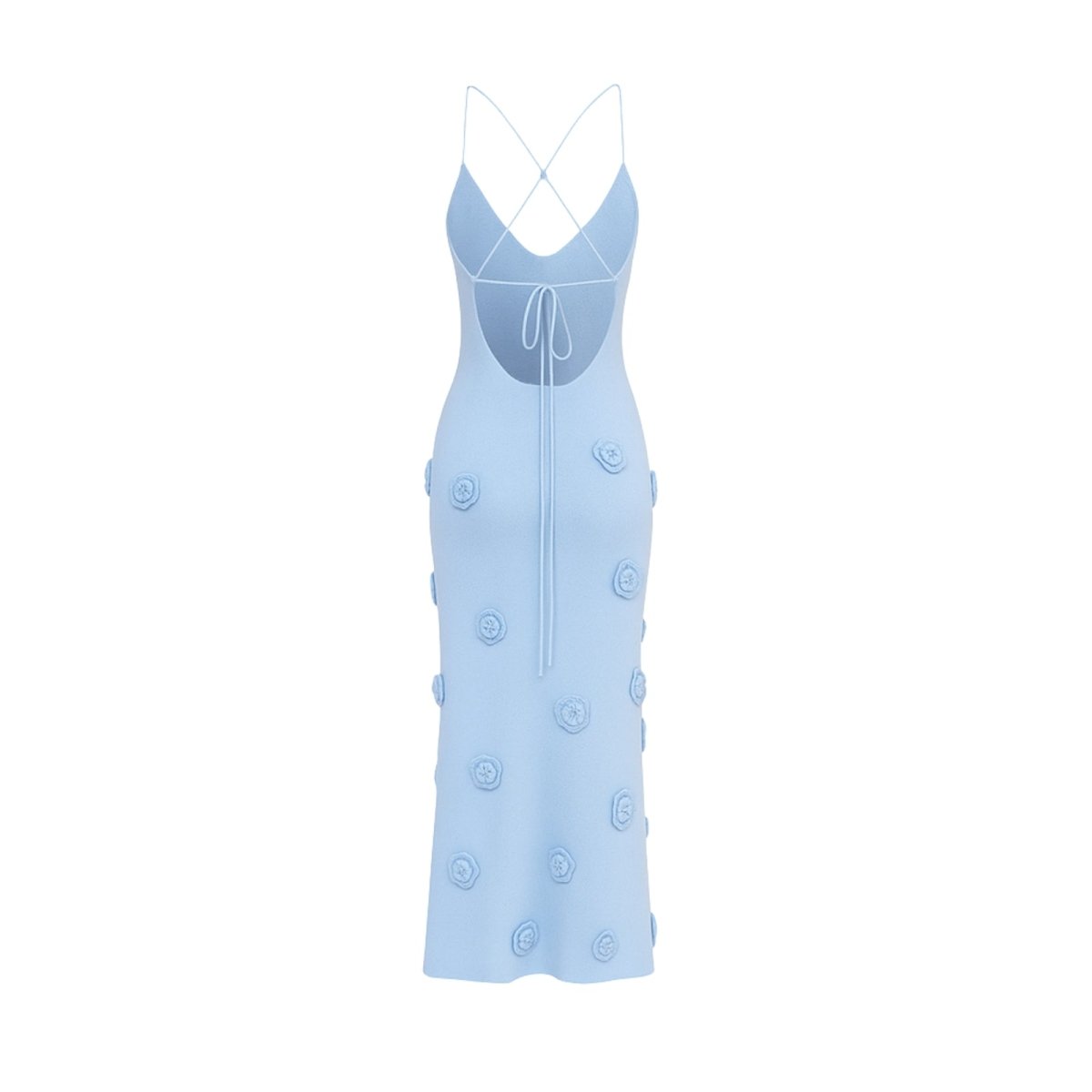 Light blue kouvr dress with button details on a white background
