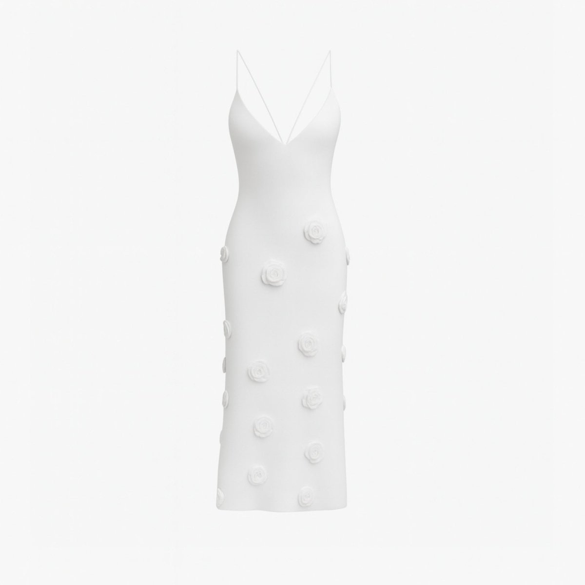 White kouvr dress with button details on a light gray background