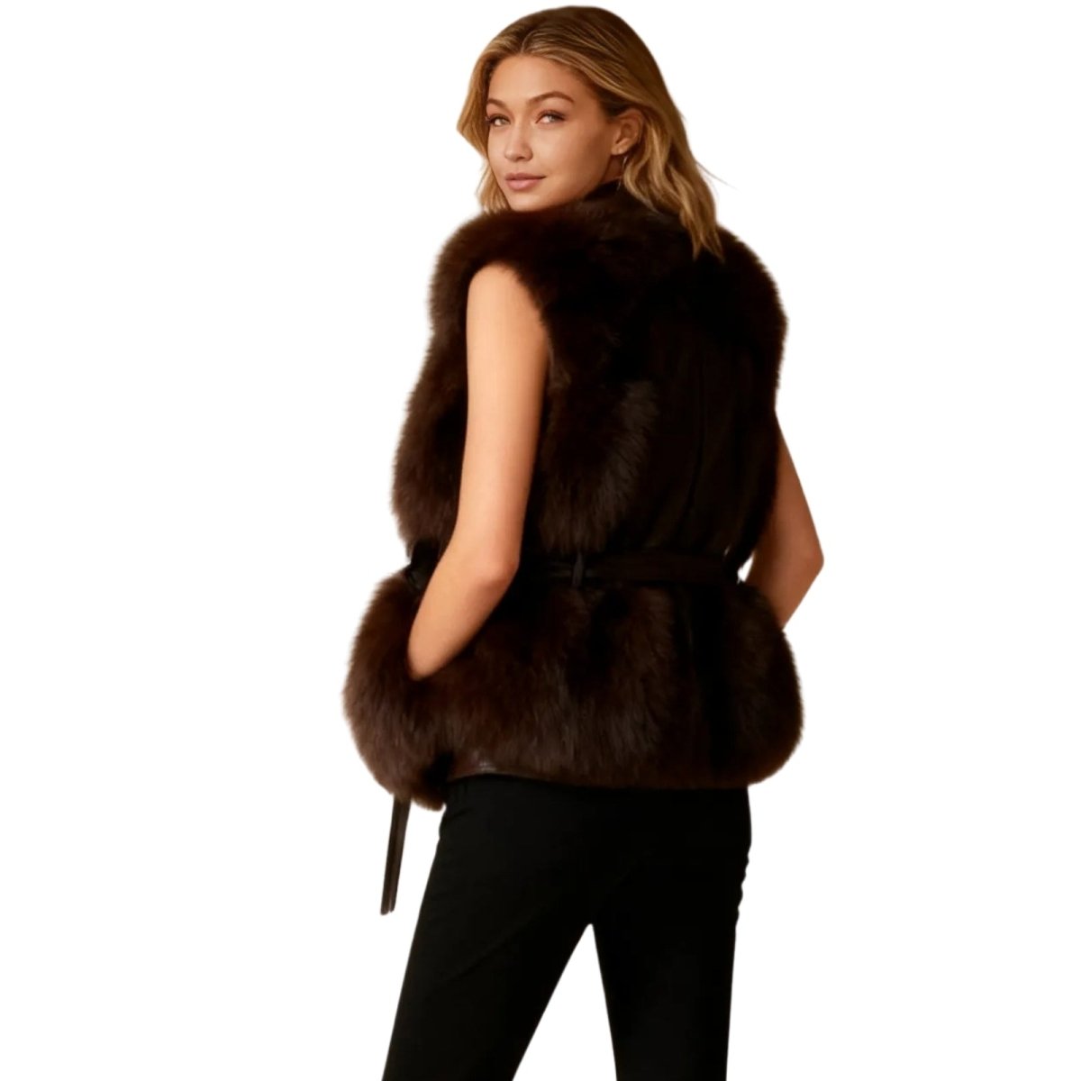 Woman wearing a brown Kouvr fur vest on a white background