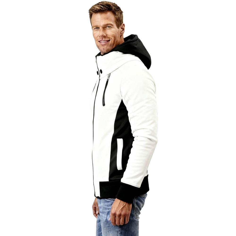 Model wearing the Kouvr Altair men's white and black high neck techwear hoodie