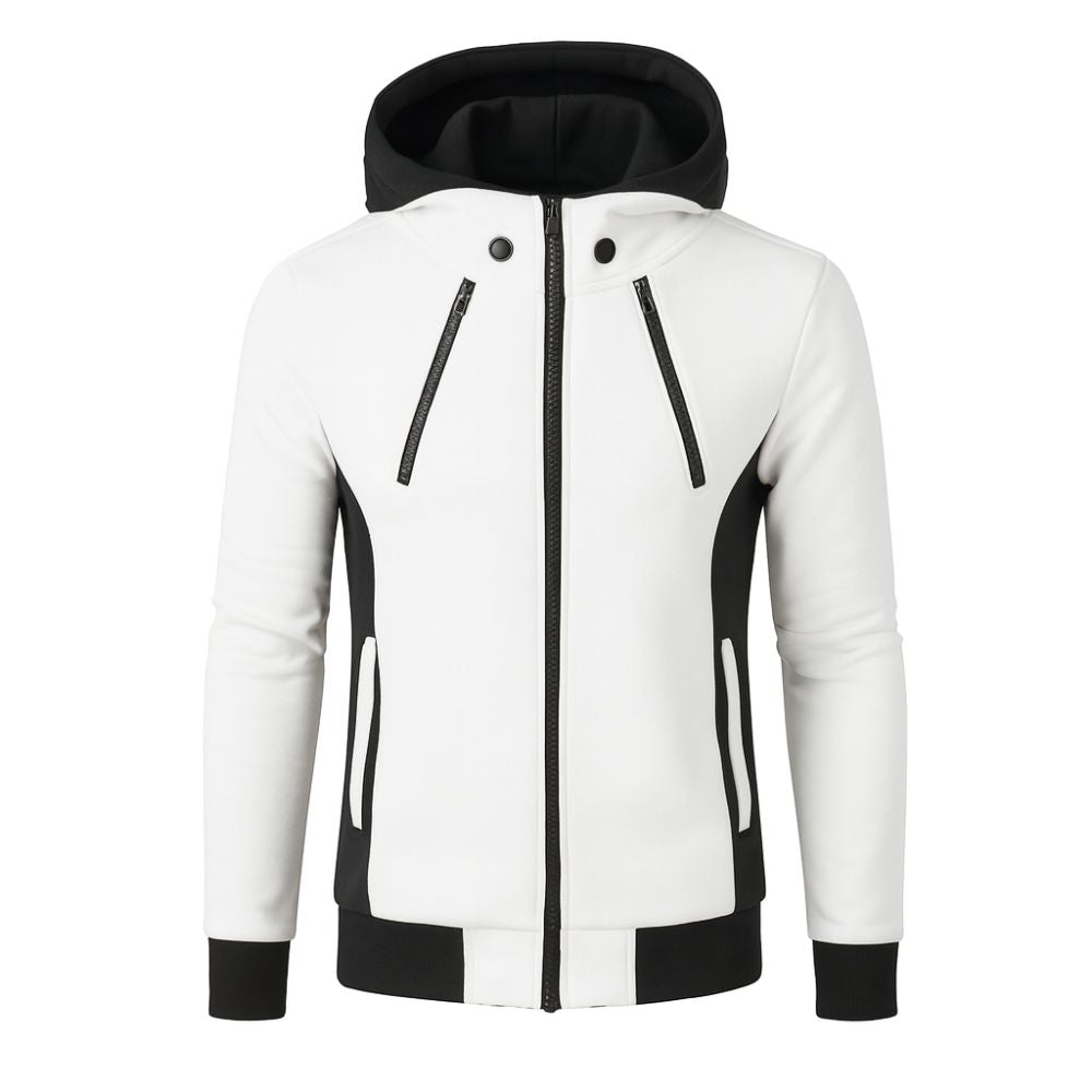 Model wearing the Kouvr Altair men's white and black high neck techwear hoodie