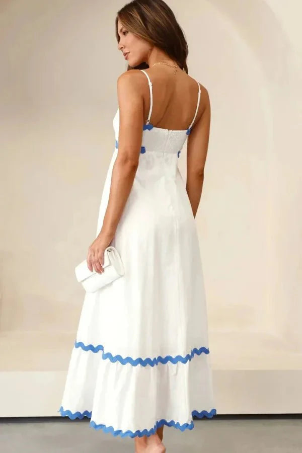 Kouvr Amillia white linen maxi dress with blue scalloped trim from the front
