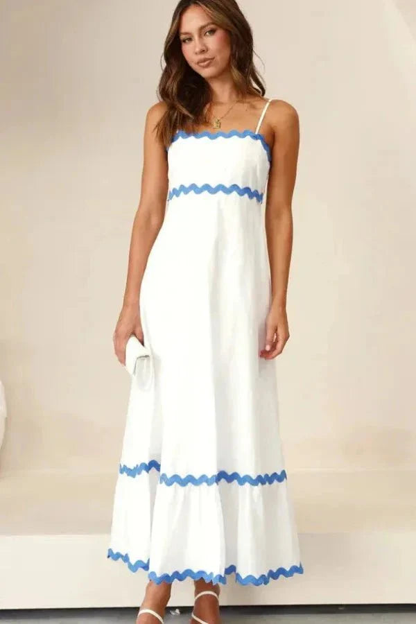 Kouvr Amillia white linen maxi dress with blue scalloped trim from the front