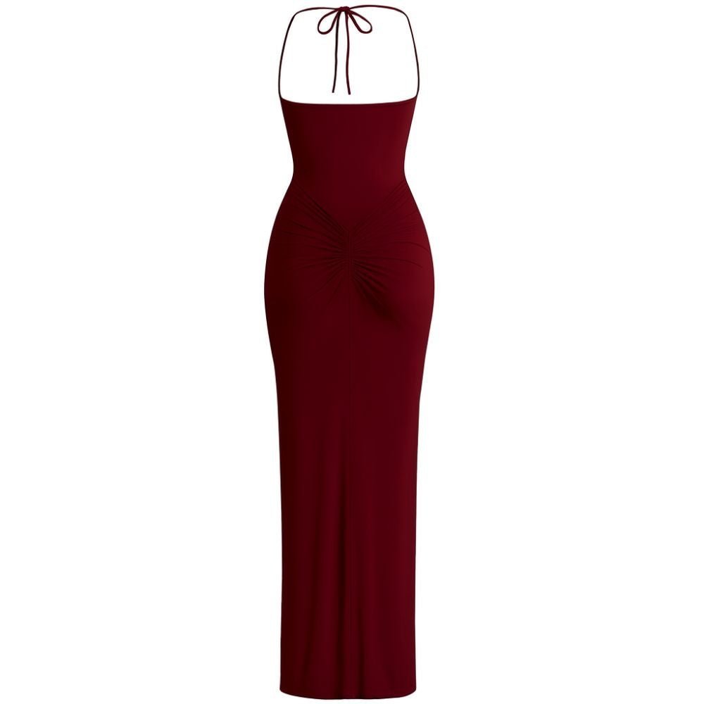 Burgundy kouvr halter neck dress on a white background