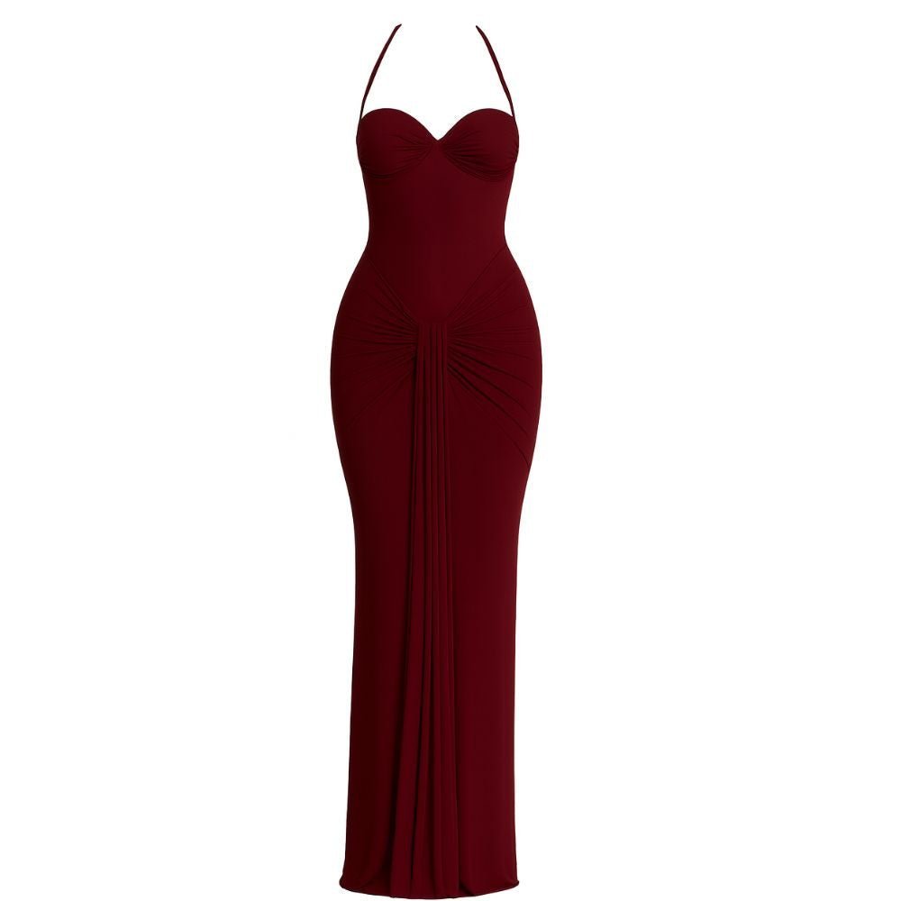 Burgundy kouvr evening gown on a white background