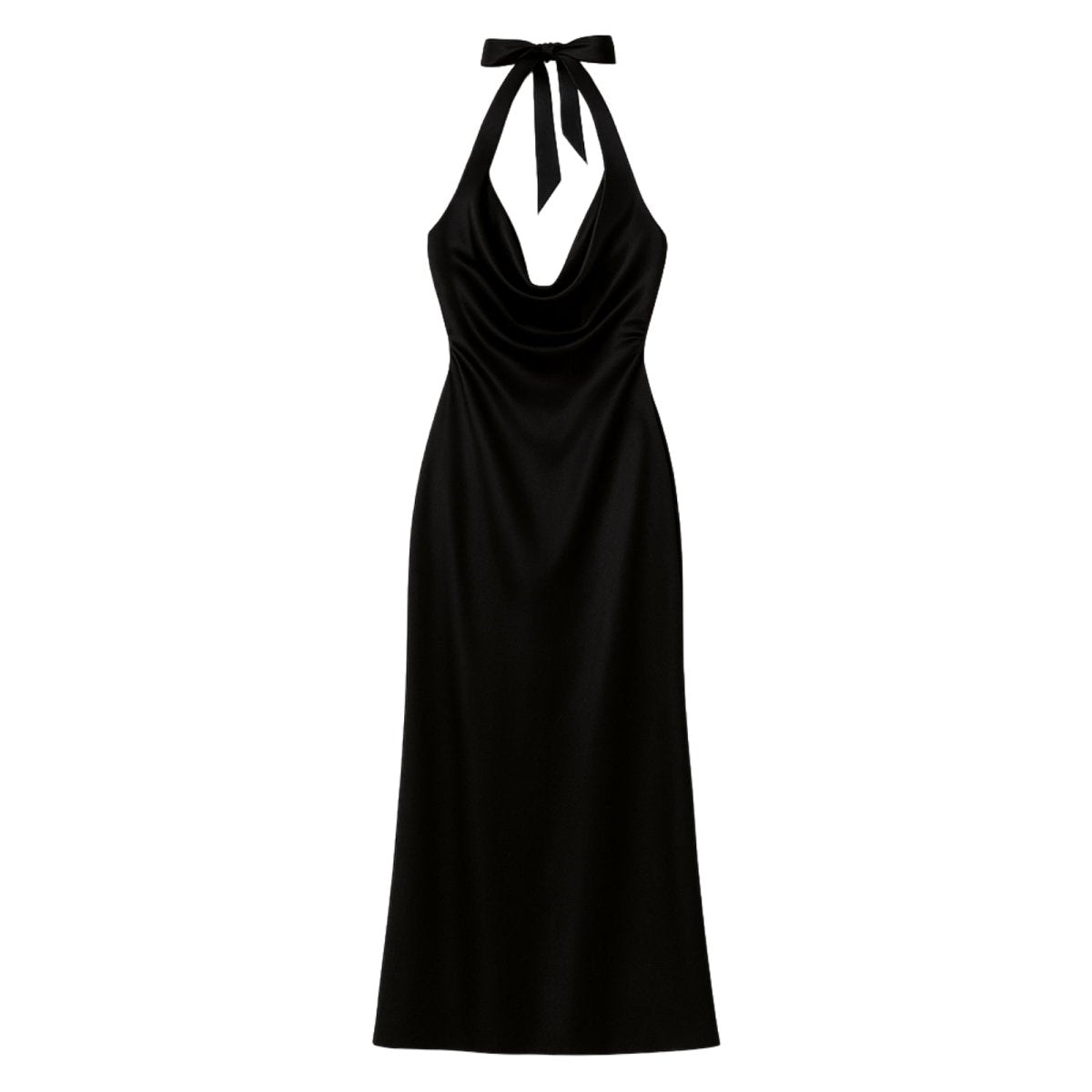 Black kouvr halter neck dress on a white background