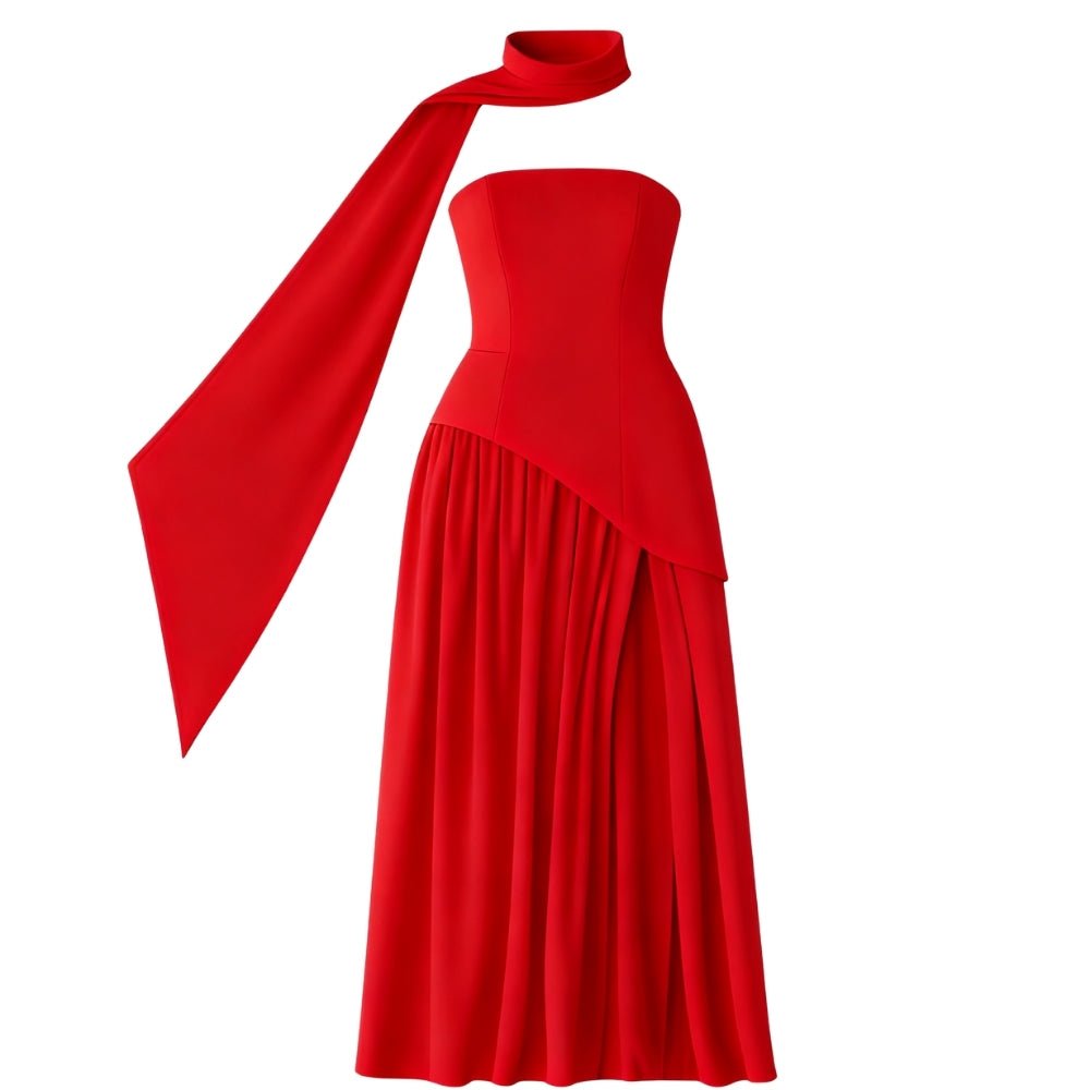 Red Kouvr strapless gown with a matching red scarf on a white background
