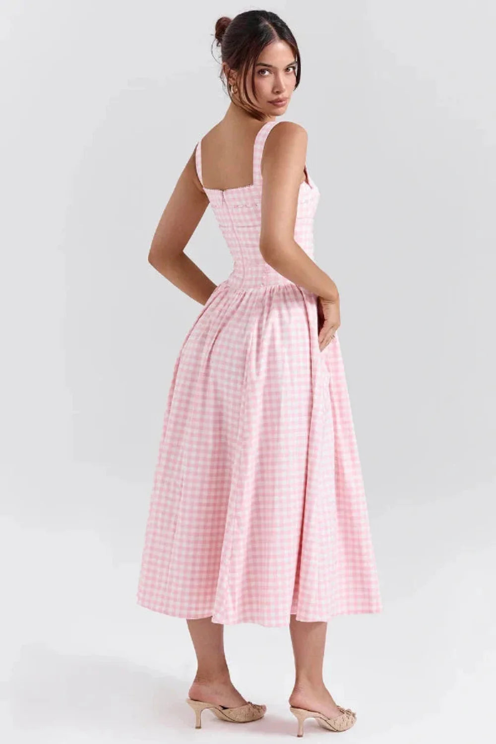 vintage-inspired dress, corset bodice dress, A-line summer dress, pink checkered dress, picnic dress, and romantic dress