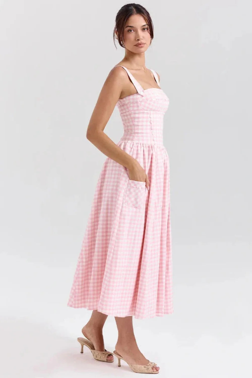 vintage-inspired dress, corset bodice dress, A-line summer dress, pink checkered dress, picnic dress, and romantic dress
