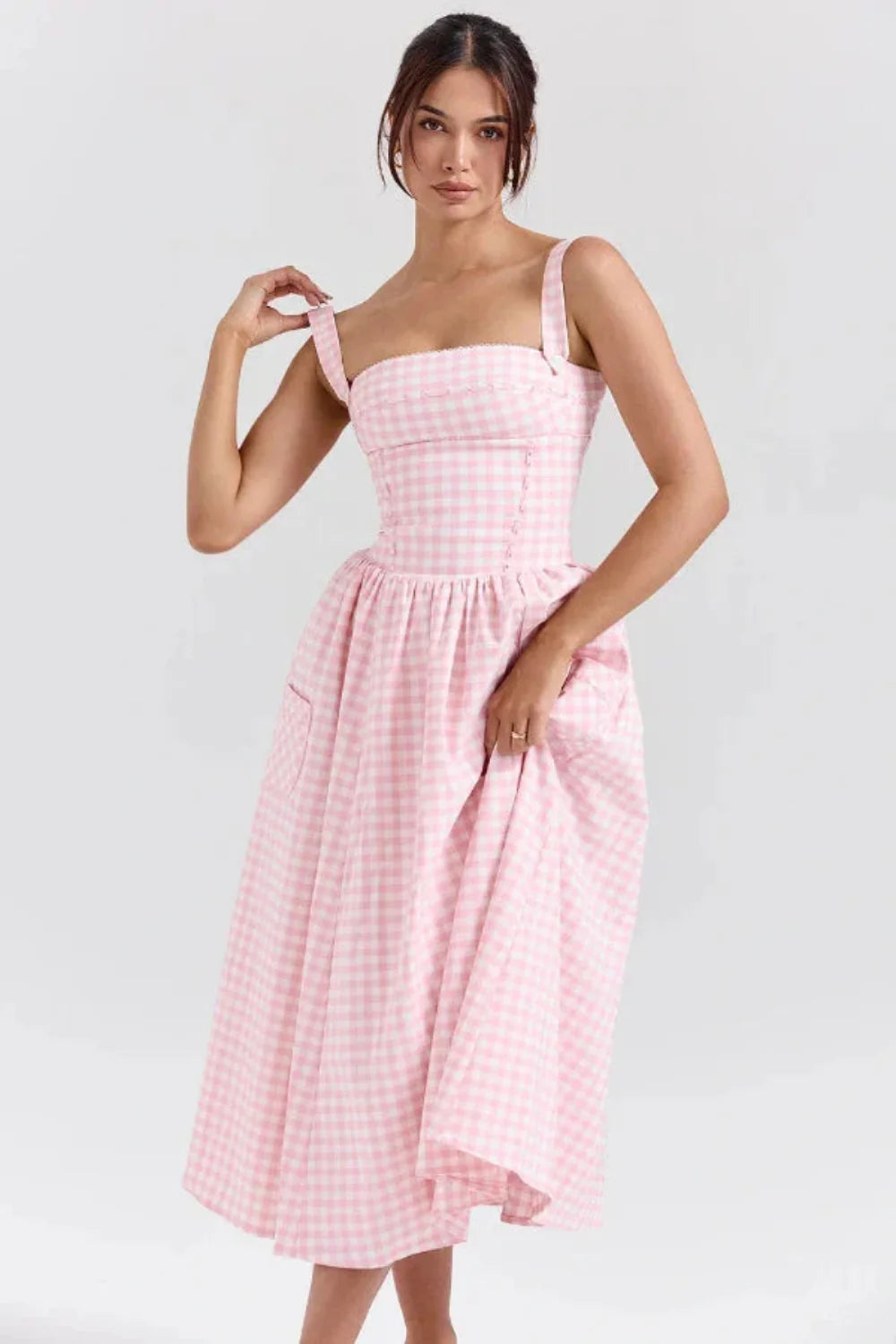 vintage-inspired dress, corset bodice dress, A-line summer dress, pink checkered dress, picnic dress, and romantic dress
