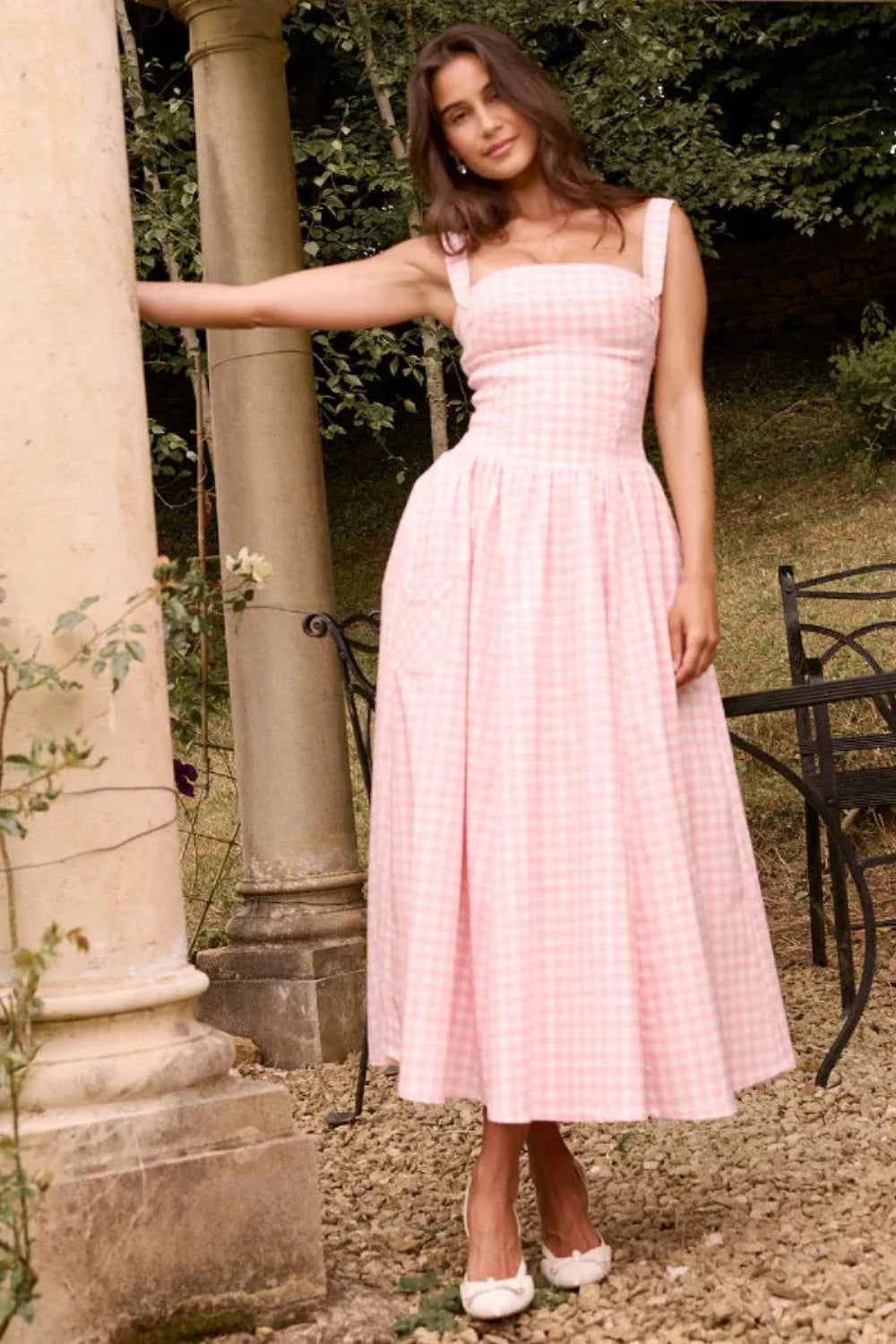 vintage-inspired dress, corset bodice dress, A-line summer dress, pink checkered dress, picnic dress, and romantic dress
