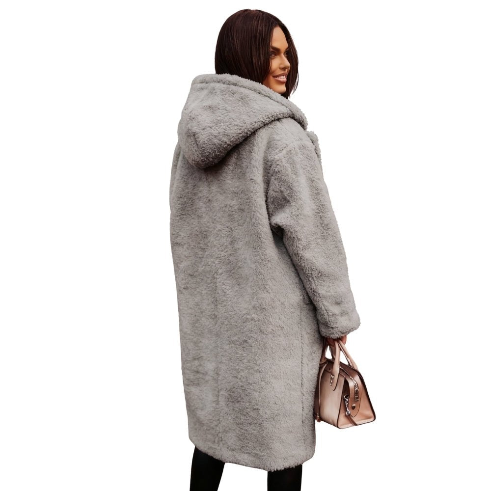 plush fleece overcoat," "cozy longline outerwear," "luxe winter staple," and "charcoal hooded jacket