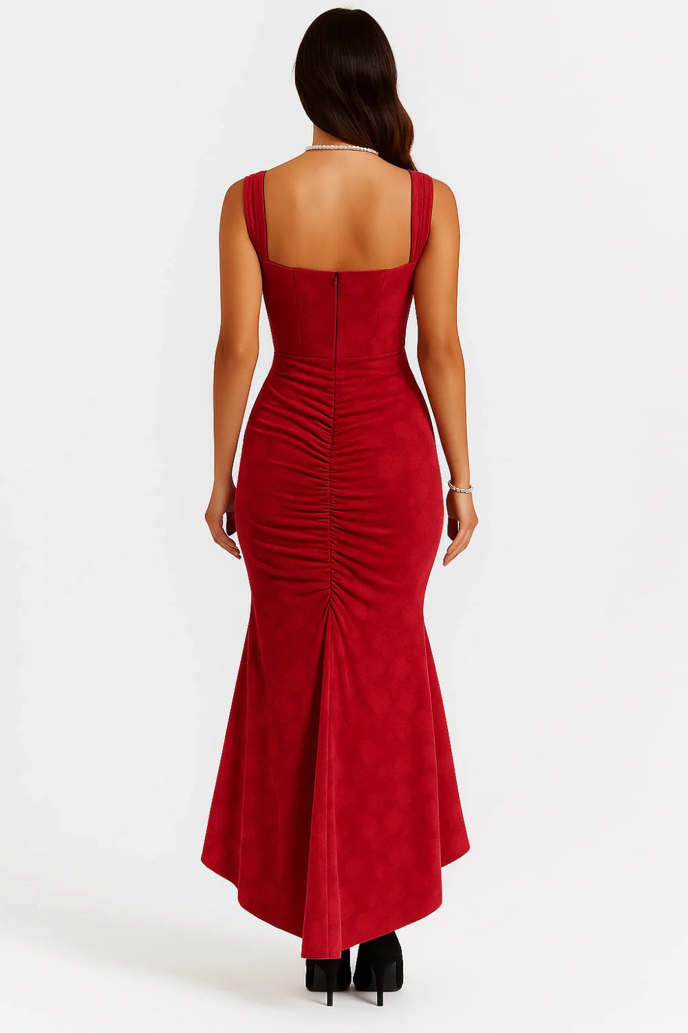 Kouvr Fashion red corset formal gown with square neck and ruched detail, front view