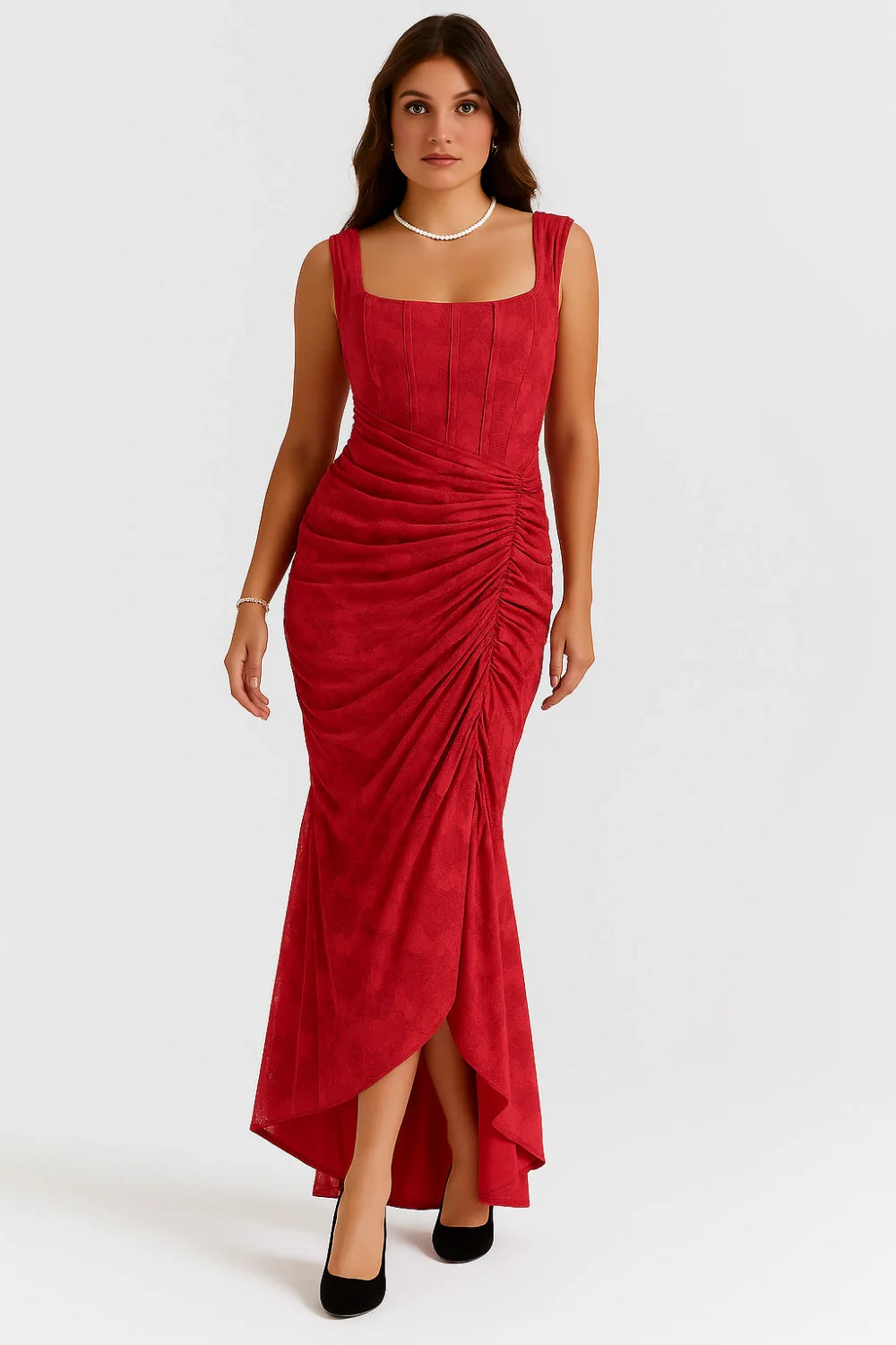 Kouvr Fashion red corset formal gown with square neck and ruched detail, front view