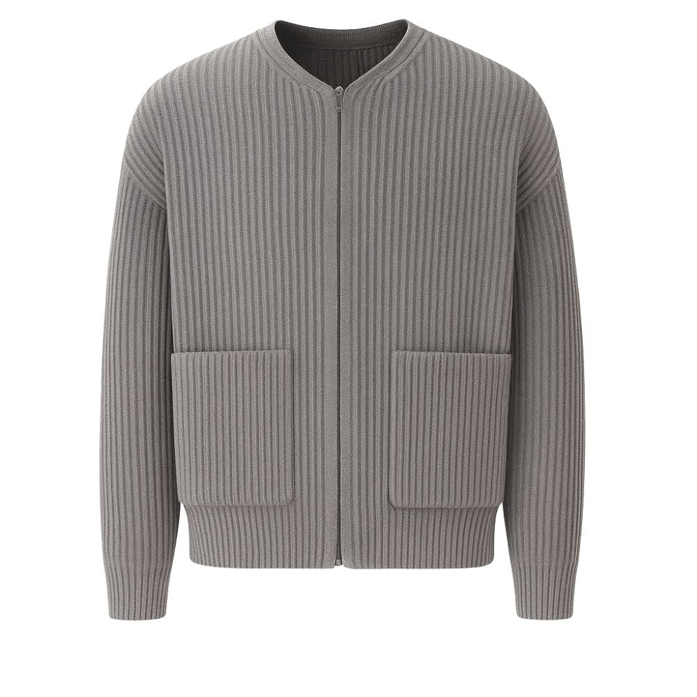 collarless bomber jacket," "minimalist sweater jacket," "quiet luxury knitwear," "structured knit," "transitional outerwear