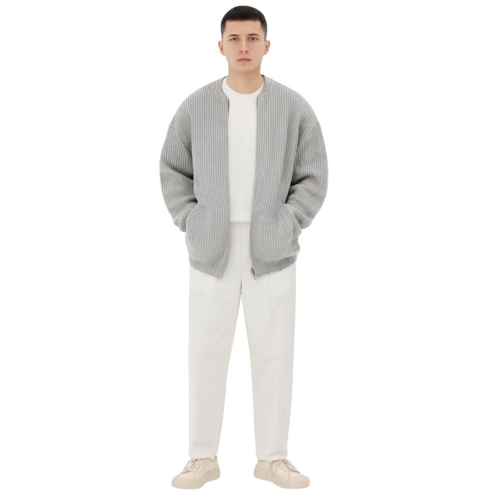 collarless bomber jacket," "minimalist sweater jacket," "quiet luxury knitwear," "structured knit," "transitional outerwear