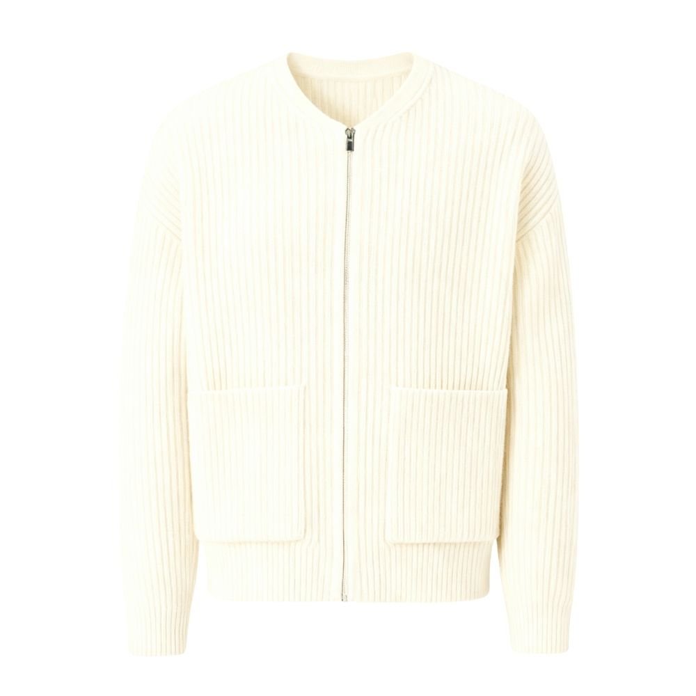 Minimalist zip up sweater, collarless knit outerwear, luxury oversized cardigan, quiet luxury jacket, off-white structured knit, contemporary men's knitwear