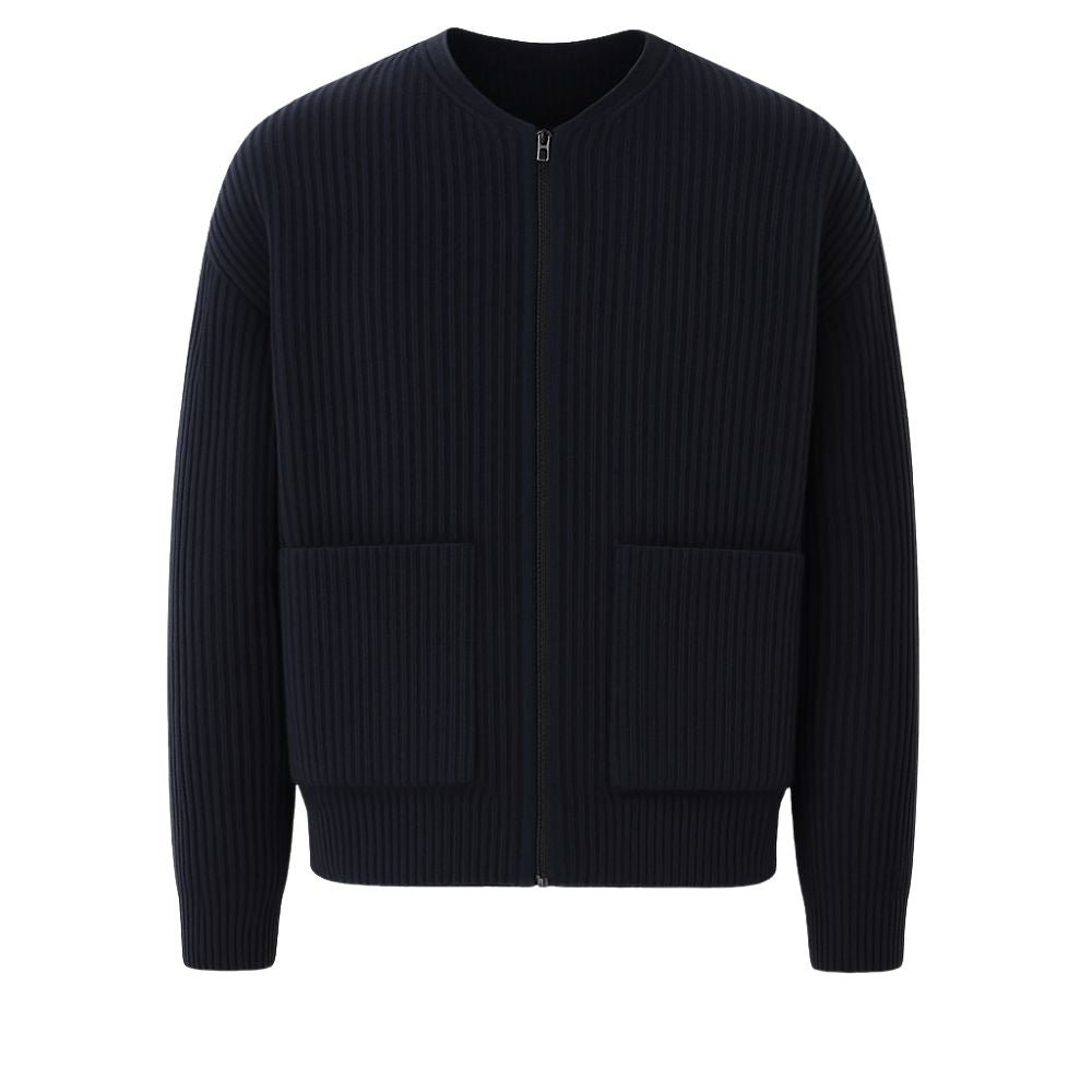 quiet luxury menswear," "minimalist layering piece," "structured knitwear," "transitional outerwear," "designer cardigan