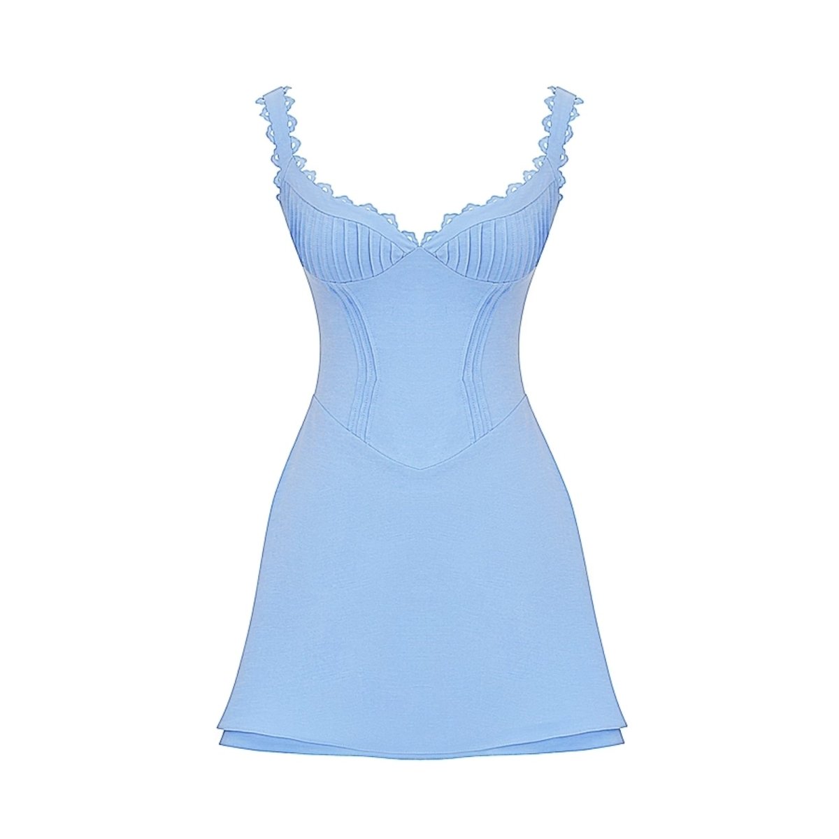 Product photo of the Kouvr Ariadne blue corset mini dress showing pleated bust and sweetheart neckline details.