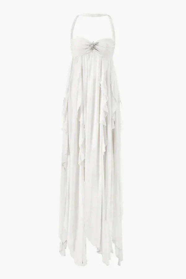 "ethereal," "goddess dress," "flowy," "resort wear," "Santorini style," "beach formal," and "honeymoon outfit