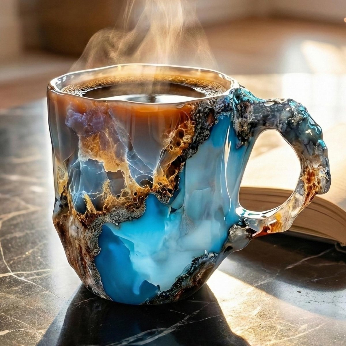 Close-up of a steaming Kouvr artisan geode coffee mug in swirling blue, brown, and gold on a dark marble tabletop.