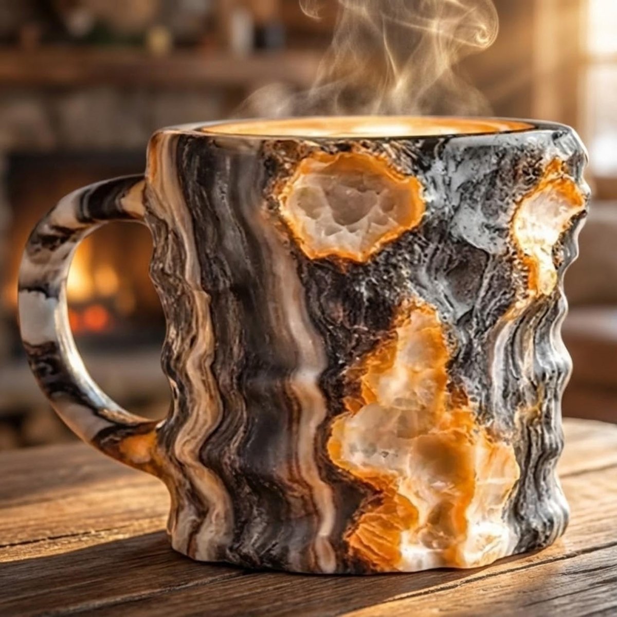 A handcrafted Kouvr geode coffee mug with black, white, and orange agate patterns, steaming in front of a cozy fireplace.