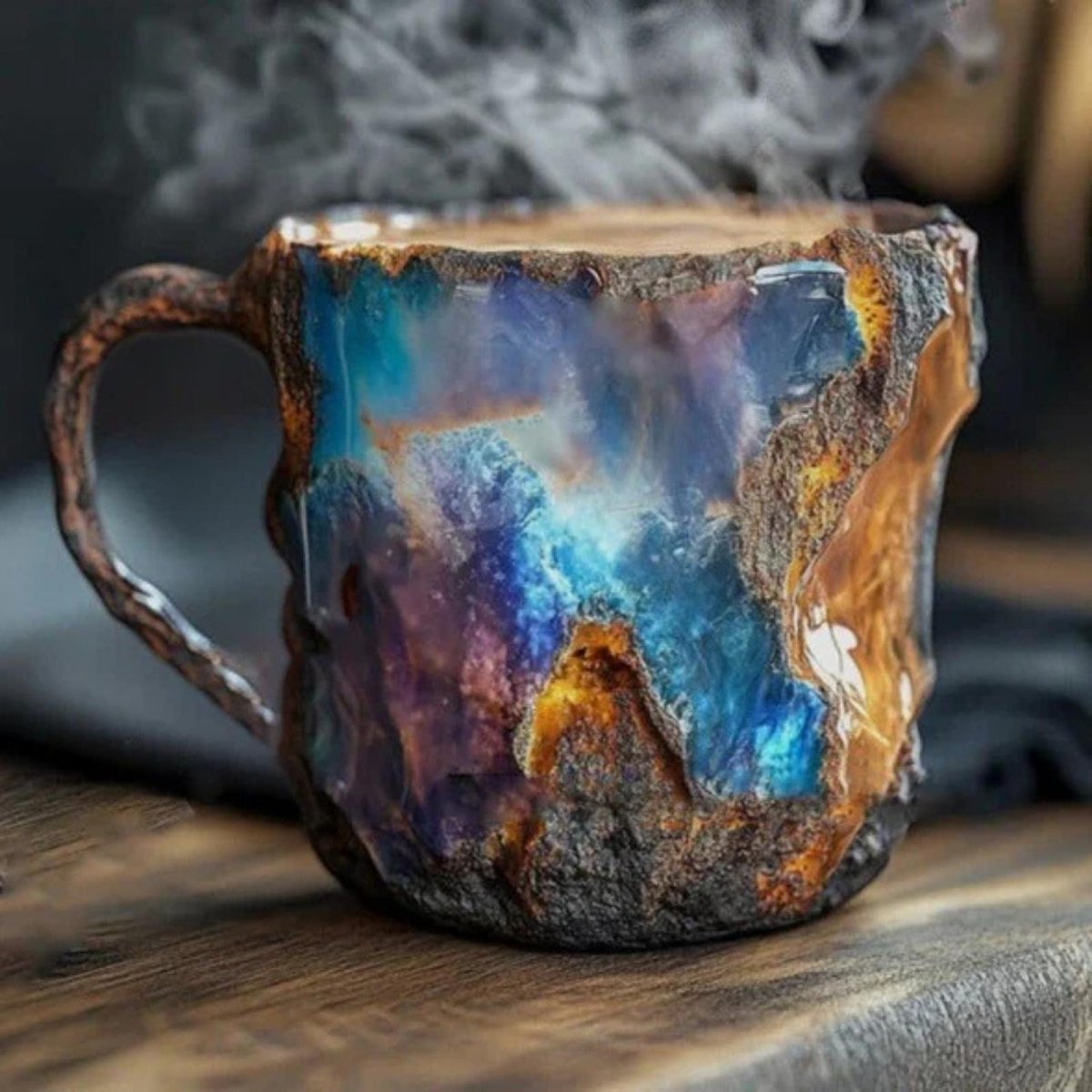 Close-up of a handcrafted geode coffee mug with a blue and purple galaxy crystal glaze and rugged black volcanic rock texture, steaming on a wooden table.