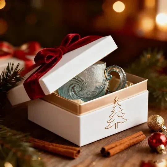 The Kouvr ocean wave mug presented in a luxury white gift box with a red velvet ribbon, ready for Christmas gifting.