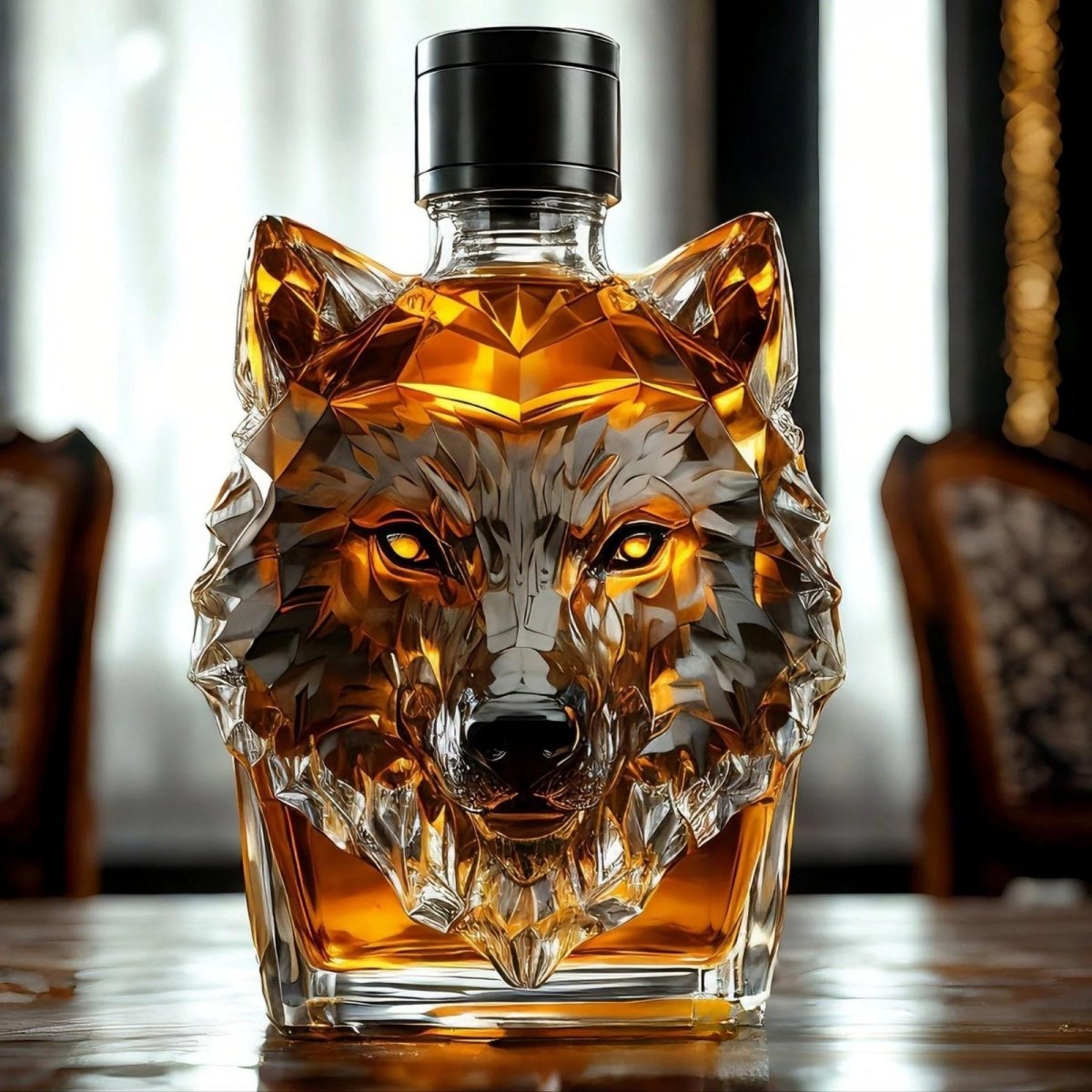 Front view of the Kouvr artisan glass wolf decanter showcasing the intricate facets and glowing amber liquid, placed on a table in a bright room.