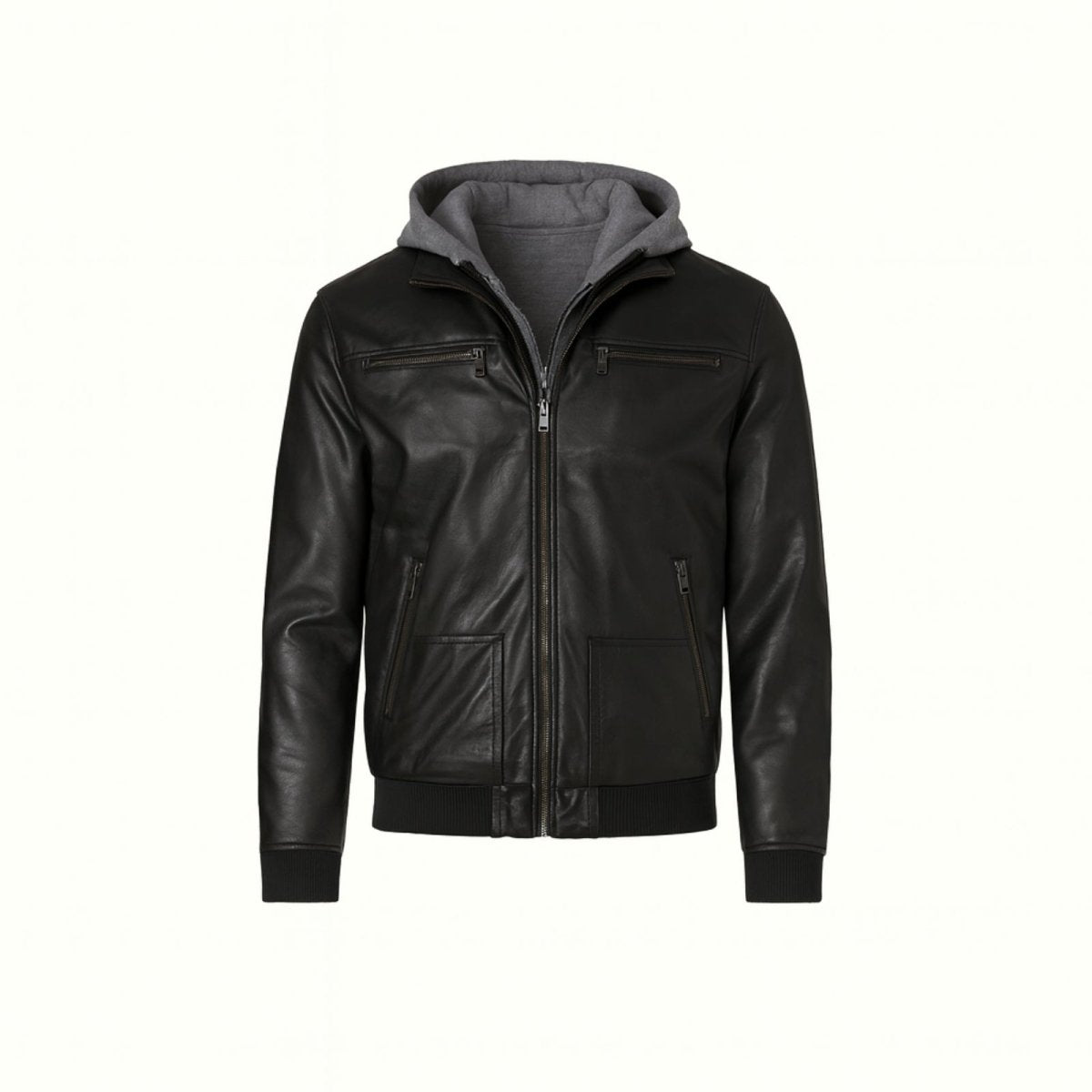 Product-only shot of the Kouvr Ascend men's black leather moto jacket with its removable grey hoodie insert zipped up against a white background.
