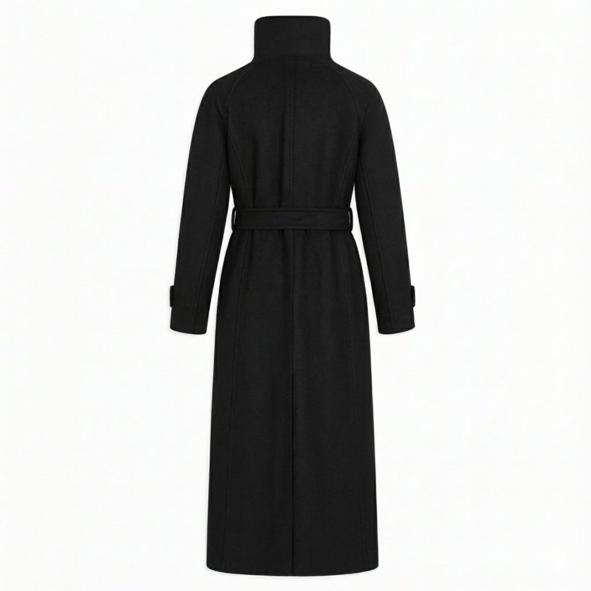 Flat lay of the Kouvr Ashley long black wool coat showing the asymmetrical button closure at the funnel neck and the self-tie belt.