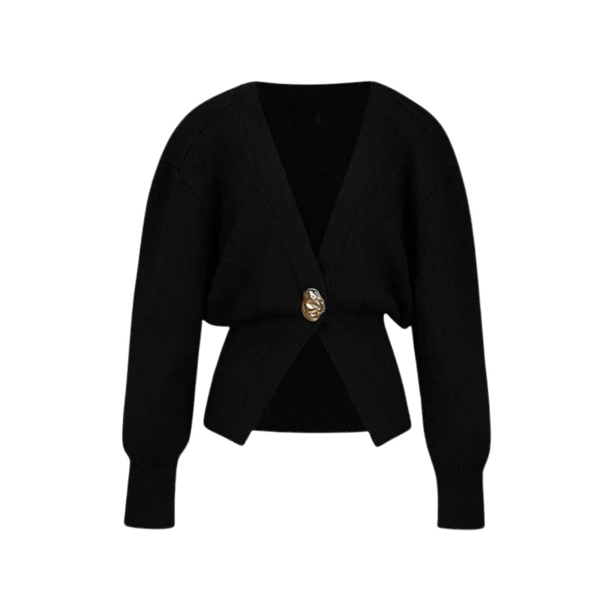 Black kouvr jacket with a gold buckle on a white background