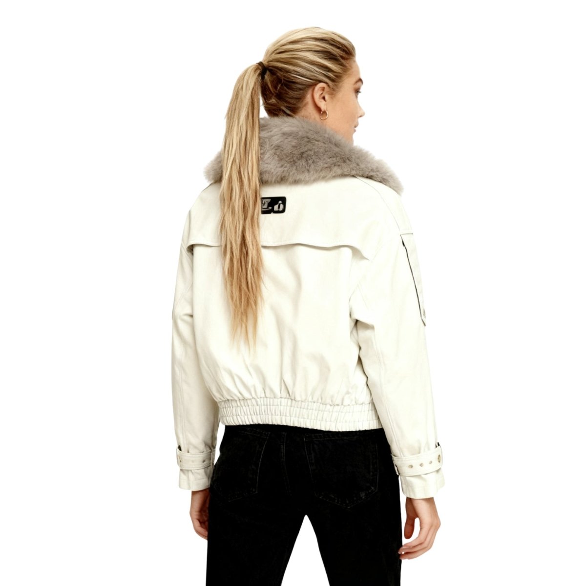 Kouvr Avenly Cropped Trench Bomber Jacket with Faux Fur Collar in Oat Ivory - Back View.