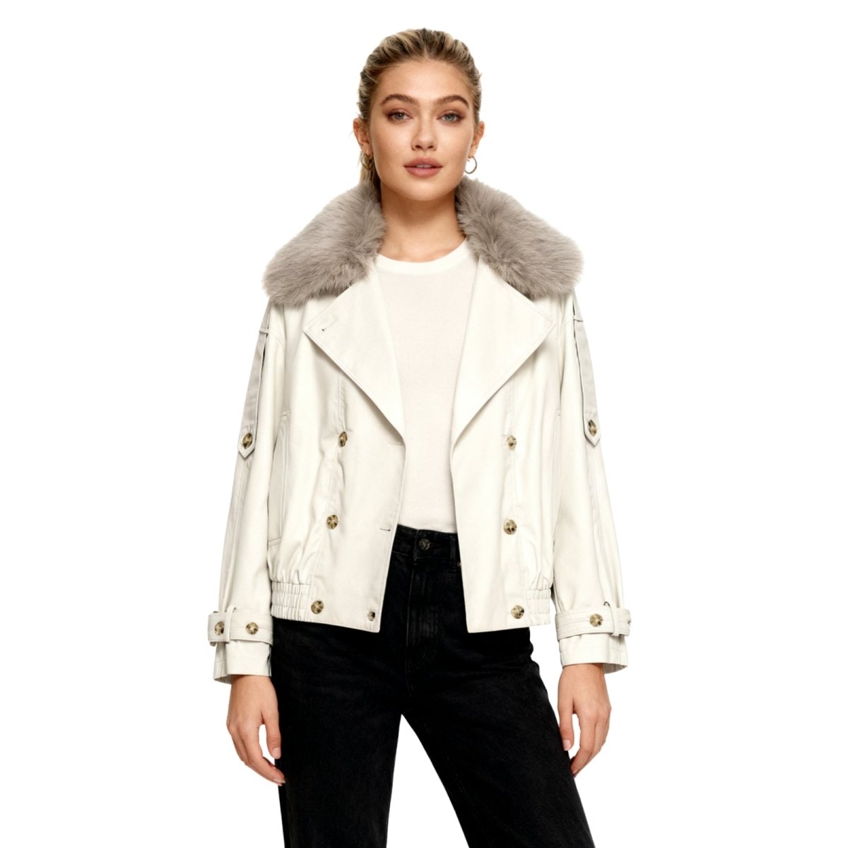 Kouvr Avenly Cropped Trench Bomber Jacket with Faux Fur Collar in Oat Ivory - Front View.