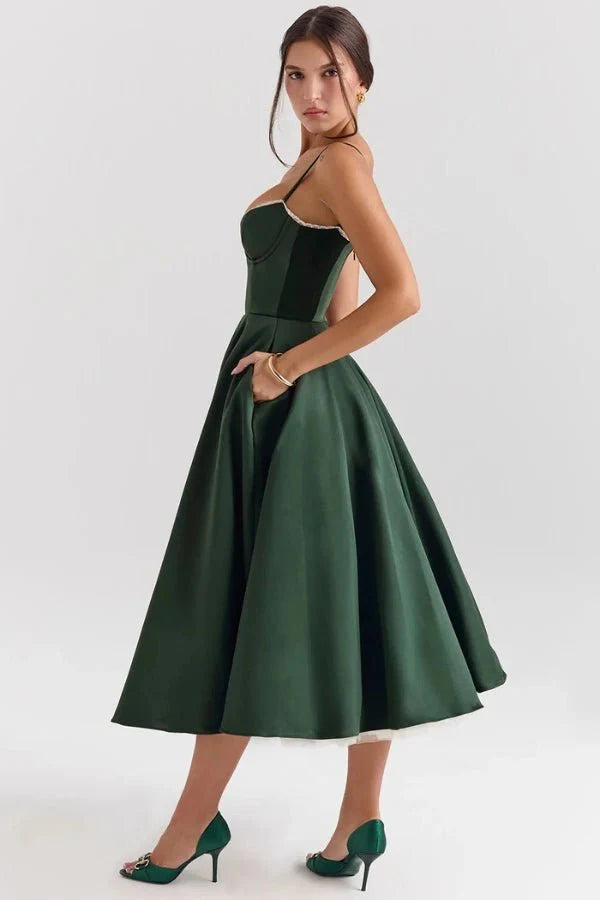 tea-length," "sweetheart neckline," "structured bodice," "fit and flare silhouette," "occasionwear