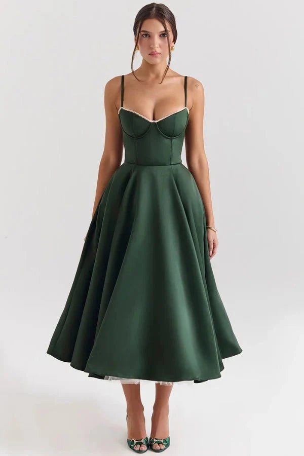 tea-length," "sweetheart neckline," "structured bodice," "fit and flare silhouette," "occasionwear