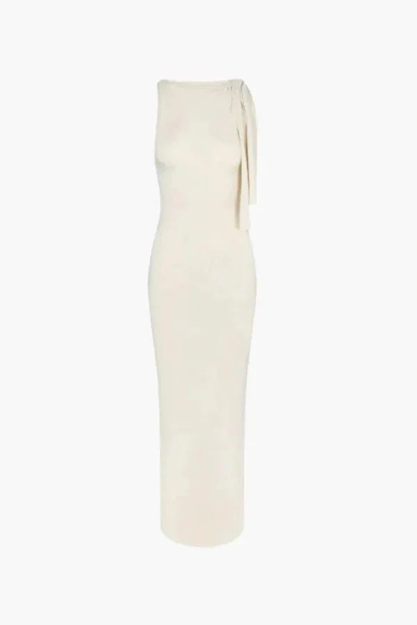 minimalist evening wear, sculptural bow dress, column silhouette, grecian style gown