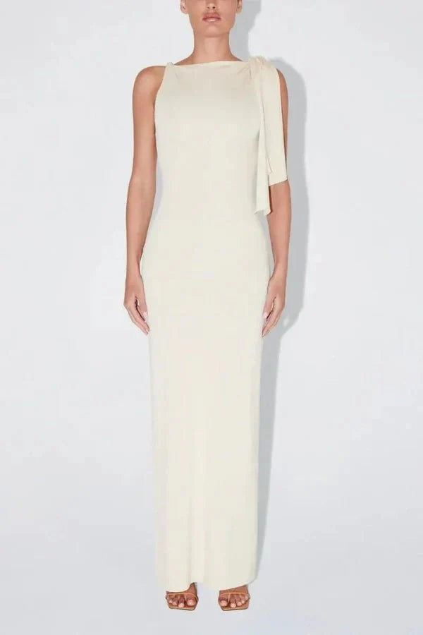 minimalist evening wear, sculptural bow dress, column silhouette, grecian style gown
