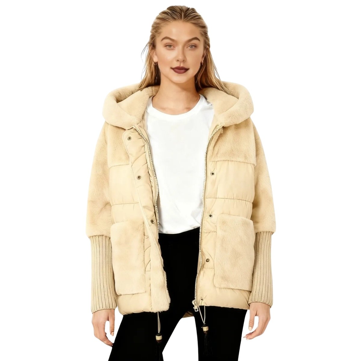 Woman wearing a beige kouvr puffer jacket on a white background